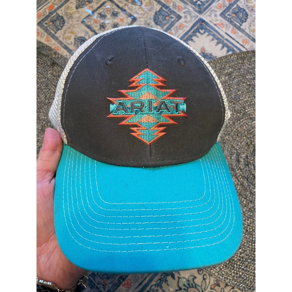 Ariat Mens Southwest Logo Trucker Hat Charcoal Turquoise Mesh Snapback Cap - Picture 1 of 3